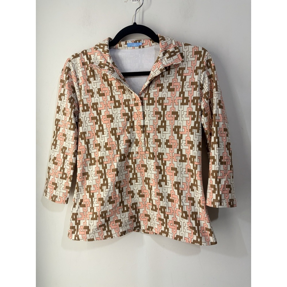 J McLaughlin Top Womens Small Geometric Print Stretch Polo 3/4‎ Sleeve Pink